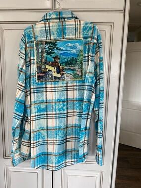 Casual Blue Plaid Button-Down Shirt with Scenic Back Patch